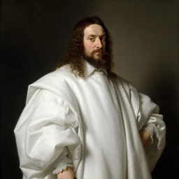 a portrait of a king wearing a white robe, by Rembrandt