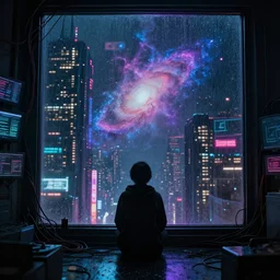 a lonely cyber person made of cosmic nebula galaxy energy watching a rainy colorful complex cyberpunk futuristic city from behind at night through a window in a room full of wires and screens, 8 k, photorealistic, concept art, wet, highly detailed, cinematic mood by ridley scott, ghost in the shell, rendered in octane, akira, trending on artstation, glowing lights, gloomy, epic composition
