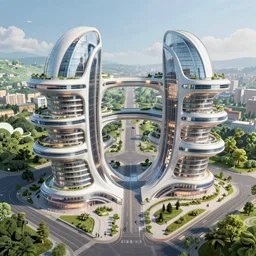 highly detailed futuristic architecture by and Santiago Calatrava, in the style of pixar animation, floating buildings, reflective lighting, empty streetscapes, surrounded by lush green vegetation, ground-level view, puddles of water, stunning sunny lighting, sunrise, vivid colors, trending on Artstation, 8k, ray tracing, hyper detailed, unreal engine 5, cinematic, epic lighting, cryengine, octane render, cyberpunk, red and orange glow, vibrant