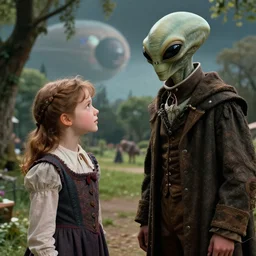 detailed, sharp, a boy and a girl, meeting the  alien king, wearing 1850s era clothes, in a park on an alien planet, extremely highly detailed, hyperrealistic, highly detailed faces, 70 mm film still from a period sci fi movie, 4k