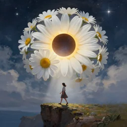 huge white daisies blooming as a head, girl walking on cliff, surreal photography, solar eclipse, stars, dramatic light, impressionist painting, clouds, digital painting, artstation, james gilleard, liam wong, jeremy mann, simon stalenhag