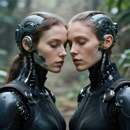 cinestill 5 0 d photographic portrait by helen levitt of affection between two loving female cyborgs wearing black techwear in a retrofuturist garden, extreme closeup, modern cyberpunk, dust storm, 8 k, hd, high resolution, 3 5 mm, f / 3 2, ultra realistic faces, intricate detail, ex machina