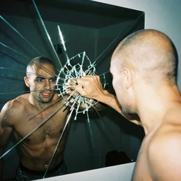 a strong bald man punching a mirror and breaking its glass, grainy vintage photograph, first - person pov, 3 5 mm film