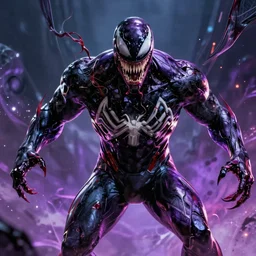 venom in a venom inspired ironman suit, purple, black and red, dynamic lighting, photorealistic fantasy concept art, trending on art station, stunning visuals, terrifying, creative, cinematic