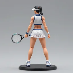 80mm resin model figure of a very muscular woman in detailed sleeveless tennis wear, mini-skirt, lace fabric ; Miniature product Photo, 4K, Full body, view from behind