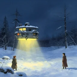teleportation machine in a snowy landscape, light shining from the machine and illuminating the snow by edwin austin abbey and brian froud