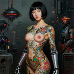 super model cyberpunk girl with Japanese yakuza full body tattoo in future world,with a robotic arm, painted by Norman Rockwell and Bosch