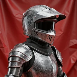 portrait of a knight in a ornate circuitboard motorcycle dirt helmet background red plastic bag elegant fashion studio lighting 3 5 mm, masterpiece. by edward hopp, rendered in blender, smooth shadows, ultra detail, high resolution, unreal 6, 8 k,