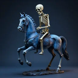 a scuplture of a sad skeleton riding a horse with very long legs and long neck, haunted, in the style of dali, plastic, blue, hyperdetailed, ultra realistic, octane render, 8 k, cinematic, atmospheric lighting, dark volumetric lighting