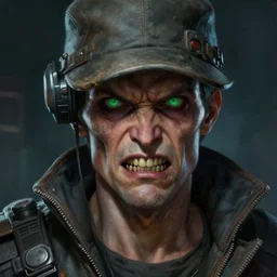 an intimate portrait of a gnarly human cyberpunk captain, old skin, faded hat, crooked teeth, green eyes, a look of menace, detailed matte fantasy painting