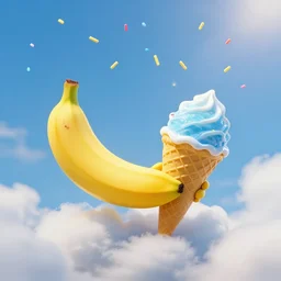 banana and ice cone holding hands in the clouds and raining sprinkles, blue sky, sunny, art, hq, detailed