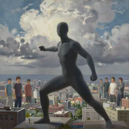greg manchess painting of giganta, cityscape, calm, fantasy character portrait, dynamic pose, above view, thunder clouds in the sky, artwork by jeremy lipkin and giuseppe dangelico pino and michael garmash and rob rey and greg manchess and huang guangjian and makoto shinkai, very coherent artwork, sharp edges, perfect face, simple form, 1 0 0 mm