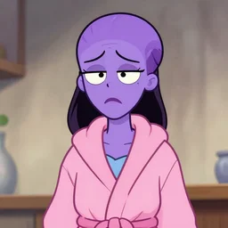 purple xenomorph woman, disappointed expression, pink bathrobes, cartoon, comical