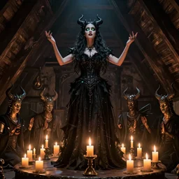 VFX movie of ascending goth woman in the attic, demonic magic ritual, candle lit, glowing eyes by Emmanuel Lubezki