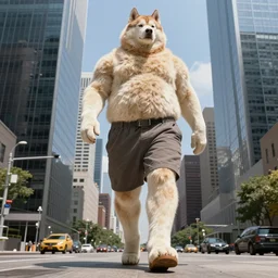 hairy, very pale husky ginger man larger than skyscrapers wearing shorts walks around the city, color photography, lots of sunlight, hairy legs, low angle shot, photography, highly detailed, award winning photography, 4 k, highly detailed, trending on artstation