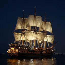 landscape photography by marc adamus, pirate ship at night, dramatic lighting, beautiful, hyper detailed, uhd,