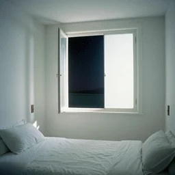 gregory crewdson interior photography, cassette futurism, cosmic psychedelic horror, hotel room painted white, everything is painted white, wide open window harsh light, edward hopper liminal space, atmospheric haze, film. film still, 1 6 mm cinematography