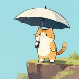 cat standing on a cliff holding an umbrella, digital art