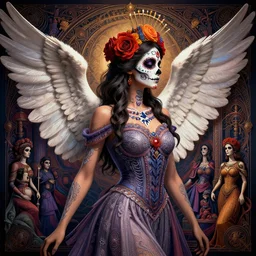 beautiful female angel, highly detailed vfx side portrait, intricate detailed environment, global illumination, by james jean and moebius and artgerm and liam brazier and victo ngai and tristan eaton. detailed, vector art, digital illustration, concept art, dia de los muertos. 8 k, hdr