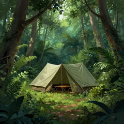 a surrounded hidden camp in the jungle concept art by yongfei liu and vance kocas