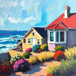 expressive oil painting of house in monterey california by the ocean, colorful