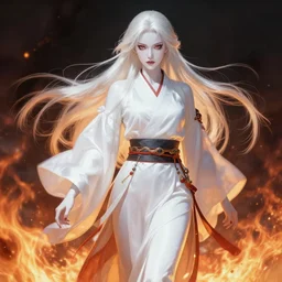 beautiful warrior lady wearing hanfu walking on fire, platinum blonde long hair, shiny white skin, demonic eyes, low fantasy, extremely detailed, sharp focus, smooth, digital illustration, by rossdraws, frank franzzeta, sakimichan