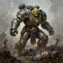 oil painting of single giant conquering orc in full sci - fi armor roars as it steps over it's fallen enemy's bodies