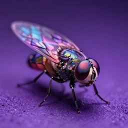 high quality macro photo iridescent art nouveau fly! jeweled gorgeous! highly detailed digital art david ligare elson peter cinematic purple neon lighting high quality low angle hd 8k sharp shallow depth of field