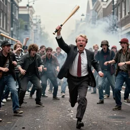 2 4 mm color photograph of geert wilders, shouting, crazy eyes, raising a spiked baseball bat in the air and running towards a group of scared fleeing people in amsterdam, atmospheric lighting, by joel meyerowitz, by saul leiter