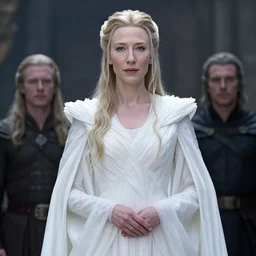 Cate Blanchett as Galadriel, dressed in a beautiful white dress, High detail, photorealistic, cinematic lighting, magical atmosphere, character concept art by Craig Wylie, Marc Simonetti, and xiaodi jin,