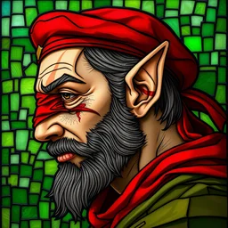 beautiful and detailed portrait of a iorveth, profile view, side view, scoia'tael leader, red cap with a feather, red bandana over one eye, scarred eye and cheek, pointy elf ear, shaven, stained glass art, by alphonse mucha, green mosaic background, very masterful