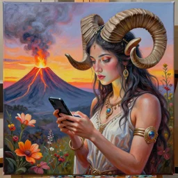 detailed acrylic on canvas by josephine wall, horned ram goddess checking her cell phone, erupting volcano and sunset in distance, flowers in foreground, fantasy, trending on artstation, by senior concept artist, intricately detailed, high resolution, hdr, 8 k