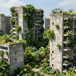 “overgrown concrete abandoned city landscape, plants growing on buildings, unreal engine 5, raytracing, 8k”