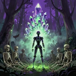 A digital painting comic book cover of an android with glowing gloves and boots with back to the camera in a forest,  looking up at a tower of crystals and geodes glowing in the fog, skeletons lay on the ground beside him, forced perspective,cinematic, stylized, purple and green