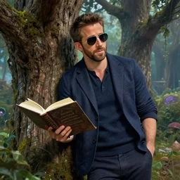ryan reynolds wearing wizard sunglasses leans against a magical tree romance novel fantasy artwork epic detailed and intricate digital painting trending on artstation by wlop octane render