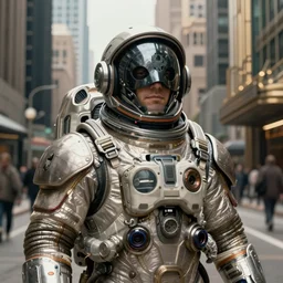 a concept art portrait of masked diesel punk astronaut on the art deco streets of the big city, artstation, award - winning realistic sci - fi concept art by jim burns and greg rutkowski, beksinski, a realism masterpiece, muted color palette, james gilleard, bruegel, alphonse mucha, and yoshitaka amano