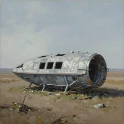 painting of an abandoned spaceship in an open landscape by lee madgwick