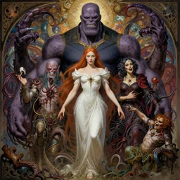 the platonic ideal of princess mononoke of cletus kasady ultimate carnage thanos dementor doctor manhattan chtulu nazgul, detailed, intricate, hyperrealism, intense, scary, decay, dmt, art by brock hofer and artgerm and greg rutkowski and alphonse mucha