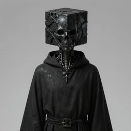priest, long robe, hyper realistic, sharp focus, detailed concept art, black metal cube on head, biomechanical, symbolist, gothic, exposed spinal cord