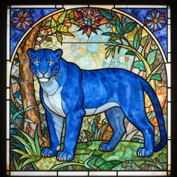 god of nature, blue panthera, fantasy image, inspired by mucha and stained glass art
