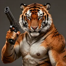 aesthetic commission portrait of a muscular furry anthro tiger,holding a pistol,detailed face,hyperdetailed,photorealistic,art by ross tran,artgerm,character design by charles bowater,deviantart,artstation,dramatic