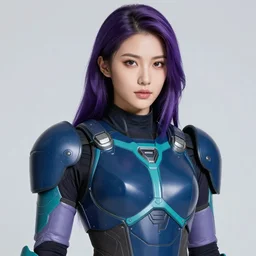 a stunning upper body portrait of a beautiful young woman wearing futuristic navy blue and teal battle bodyarmor and pauldrons and ombre purple and pink hairstyle with hair blowing in the wind, by marvel comics, outrun, vaporware, highly detailed, fine detail, intricate, digital art, trending on artstation