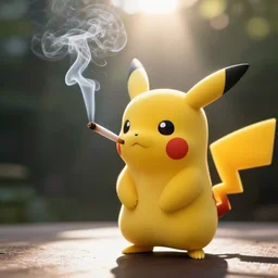 a professional photographer of pikachu smoking a lit joint with sun rays shining through the smoke, dramatic lighting, canon t 6
