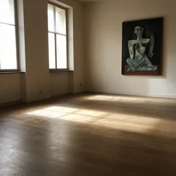 Liminal space by Pablo Picasso, clean floor and walls, dimly lit by sunlight from the windows, cosy, relaxing