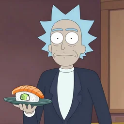 A portrait of Joe Biden as Rick And Morty with sushi on left handd red eyes nekomimi symmetrical facial features