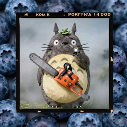 kodak portra 4 0 0, wetplate, flashlight, 8 5 mm carl zeiss, blueberry, award - winning colour portrait by britt marling : portrait of totoro with a chainsaw, quadratic quadratic picture frames, haze, wallpaper, fog