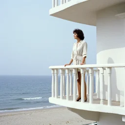 a still of a woman standing on a brutalist white balcony, by the beach, minimalist composition, in a TV ad from 1987