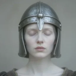 medieval helm!!!, out of focus!!!! photorealistic portrait of a beautiful pale woman by saul leiter, very blurry!!!!, translucent white skin, closed eyes, foggy, pale lips