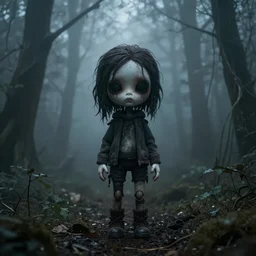 a single lonely scared dollpunk female hiding in a eerie foggy forest, detailed, omnious atmosphere, symmetry body features, award winning, by Tom Bagshaw