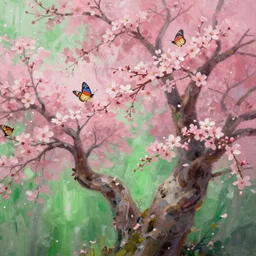 a beautiful painting close up flowers twisted trees cherry blossom, butterfly hard lighting ethereal fantasy, pink green by raymond swanland, gaston bussiere craig mullins alphonse mucha basil gogos norman rockwell, jack kirby, ruan jia, roberto ferri, jeremy mann, monet, by wlop, moebius syd mead roger dean yoshitaka